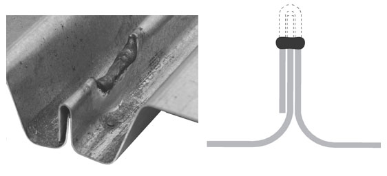 Left: Top seam weld installed at a sidelap. Right: Side view of top seam weld.